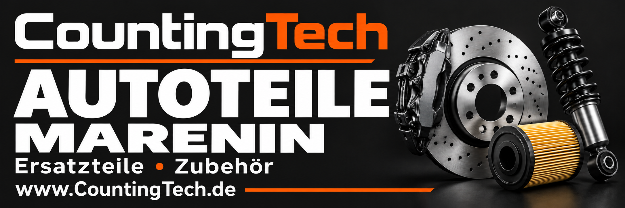 CountingTech Autoteile Marenin – Ersatzteile und Zubehör. Schwarzes Schild mit weiß-oranger Schrift, Bremsscheibe, Filter und Stoßdämpfer.